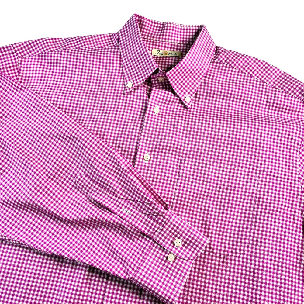 Peter Millar Men's Button Down Pink Gingham XL Regular Fit Collared Long Sleeve